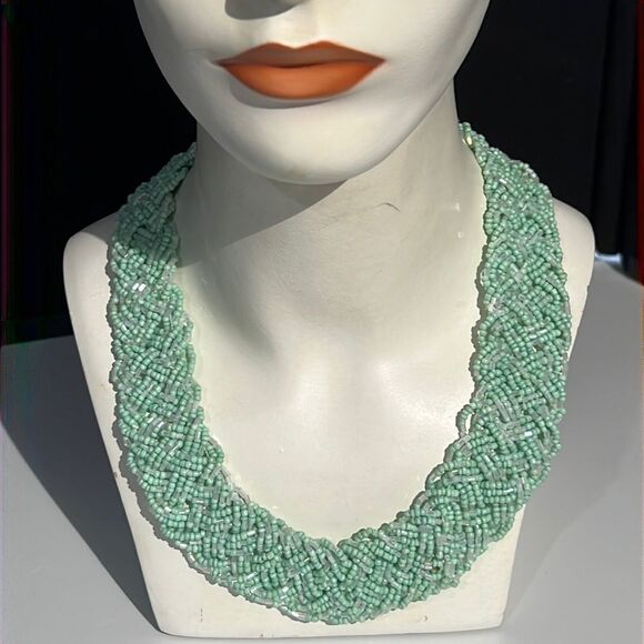 Elegant Mint Green and Clear Multi-Strand Pill Bead Necklace - 17 Inches - Picture 1 of 14